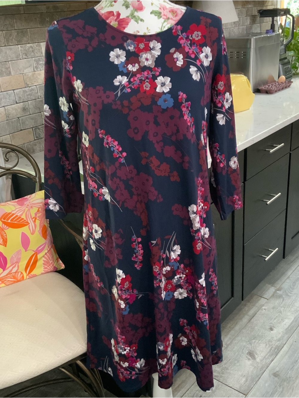 J Jill Wearever Collection Dress Floral Print 3/4 Sleeve Navy Purple Small New